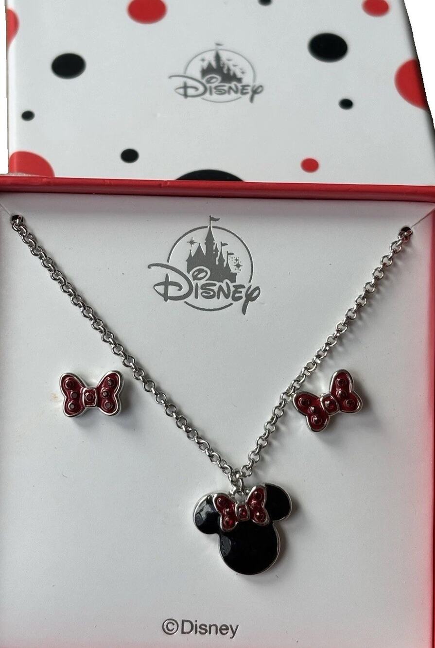 Disney Minnie Mouse Necklace & Earrings Jewelry Set Red Bow Silver Tone Gift New